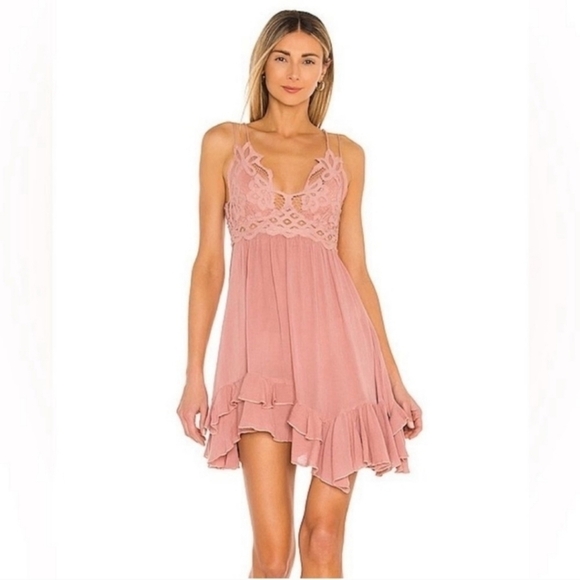 Free People Adella Lace Slip Mini Dress Rose V Neck NEW - Picture 2 of 16